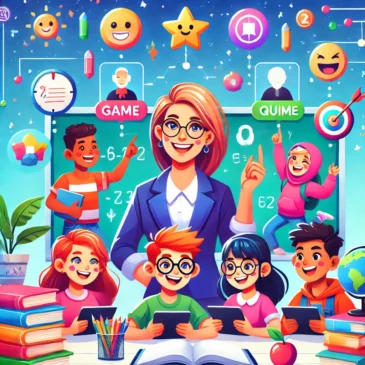 A colorful illustration depicting a classroom scene where students are actively participating in gamified learning activities using digital devices. The image showcases various educational games and tools, highlighting the excitement and engagement in modern education.

