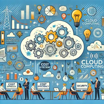 An illustration showing the importance of cloud computing for small businesses, featuring employees using cloud technology, icons representing cost efficiency, scalability, collaboration, and security, with visual metaphors like gears and lightbulbs. 