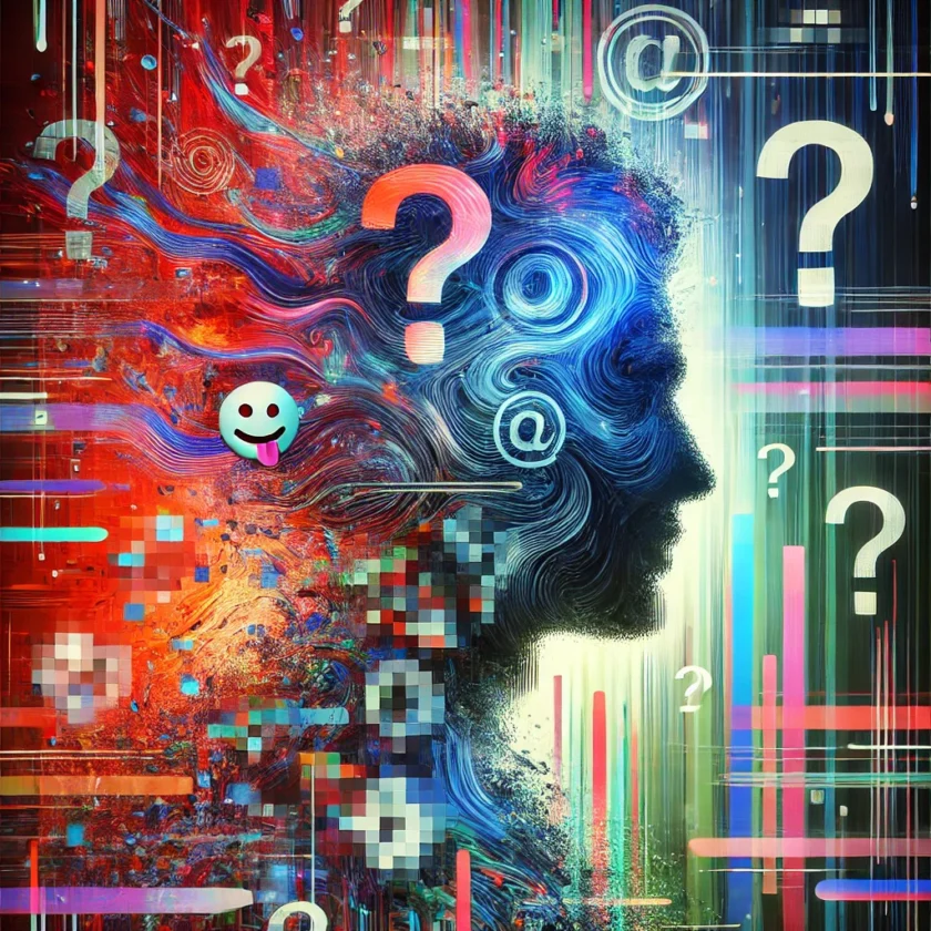 "A conceptual illustration of Insanony, showing a shadowy human figure with a distorted, glitch-like appearance blending into colorful streams of digital data. The figure's face is pixelated, surrounded by floating icons like question marks and emoticons, representing unpredictable behavior. The background features swirling neon colors and glitch effects, symbolizing both freedom and chaos in anonymous online spaces.